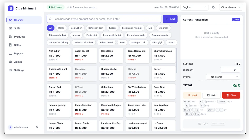 POS cashier screen with product grid and current transaction