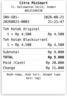 Printed sales receipt