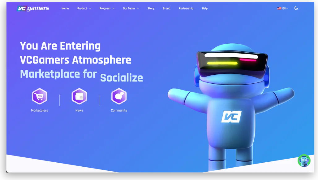 VCGamers marketplace landing page with mascot
