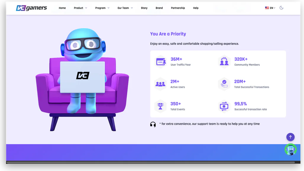 VCGamers platform section with user and transaction stats