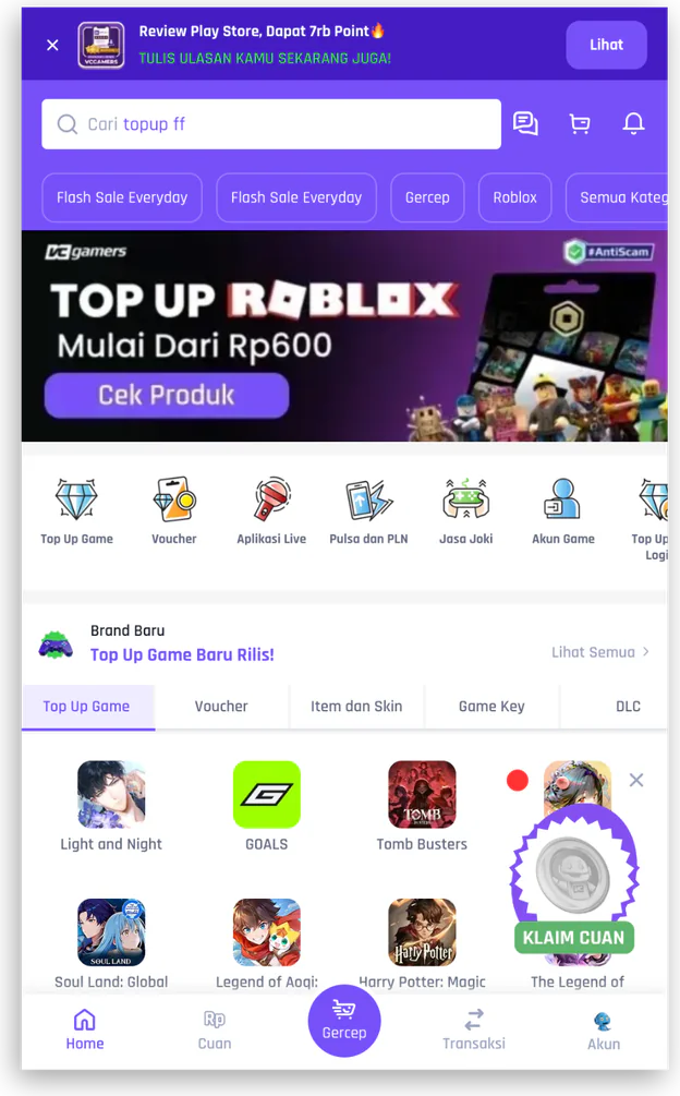 VCGamers mobile app home with top-up offers